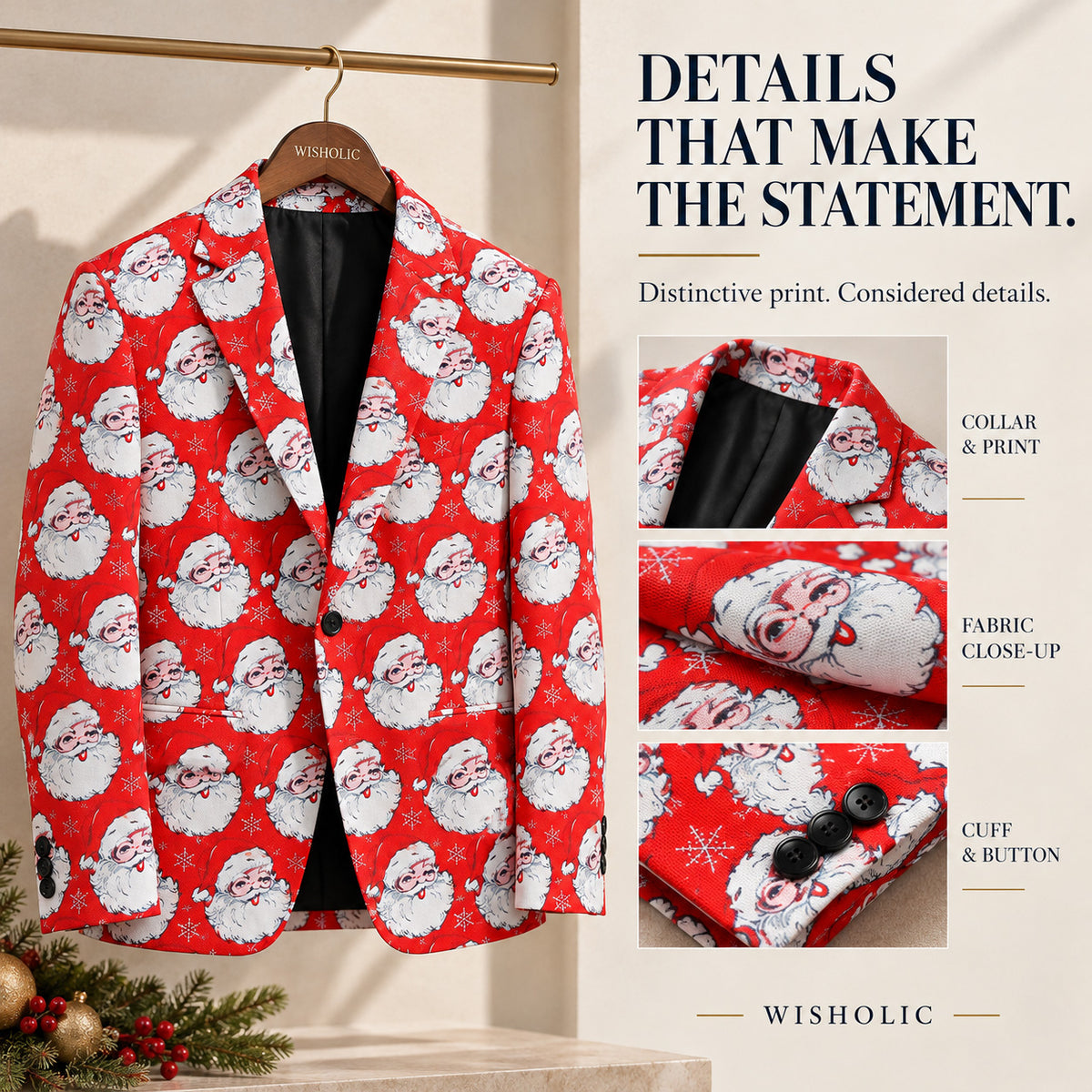 Detailed features of Wisholic Santa Claus printed suit jacket highlighting the notch lapel, premium fabric texture, and buttoned cuffs.