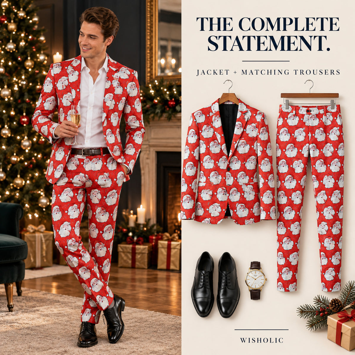 Wisholic men's complete Santa Claus printed Christmas suit set including jacket, matching trousers, dress shoes, and watch accessories.