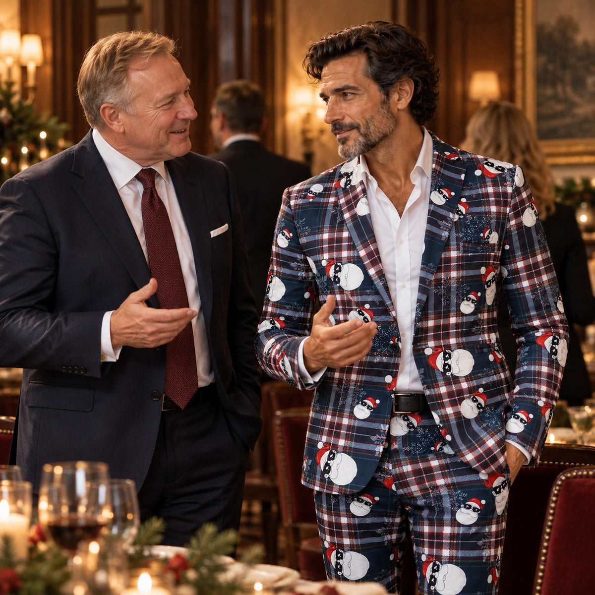 Man wearing a WISHOLIC navy plaid Santa print suit at an elegant Christmas holiday gathering.