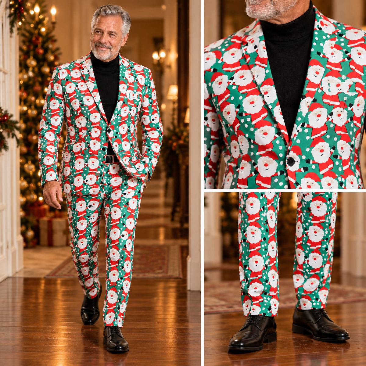 Wisholic men's festive Santa Claus printed suit showing full-body walking fit, tailored lapel, and tapered dress pants details