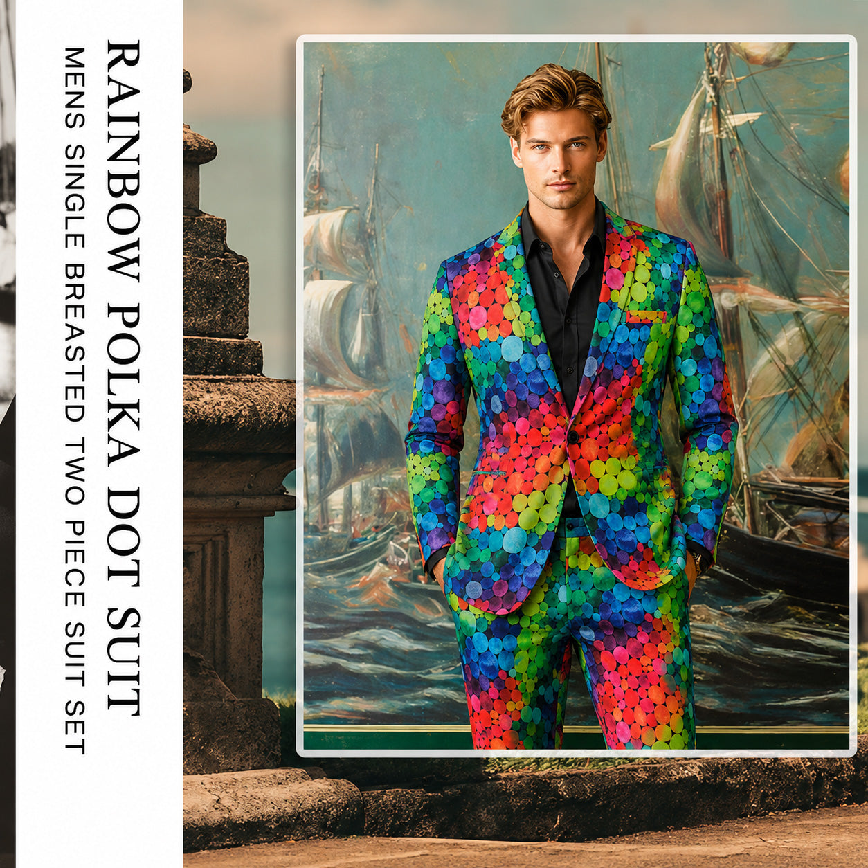 Product banner showcasing the WISHOLIC men's single-breasted rainbow polka dot two-piece suit set against an artistic background.