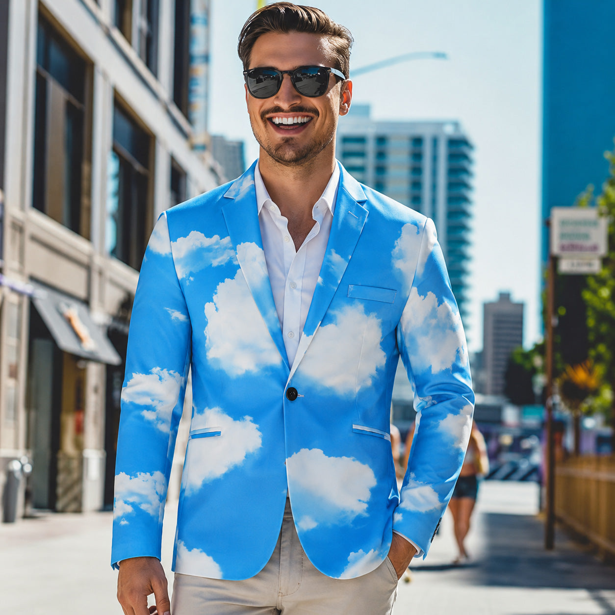 Smiling male model in sunglasses wearing the WISHOLIC cloud print blazer styled with beige trousers on a sunny city street.