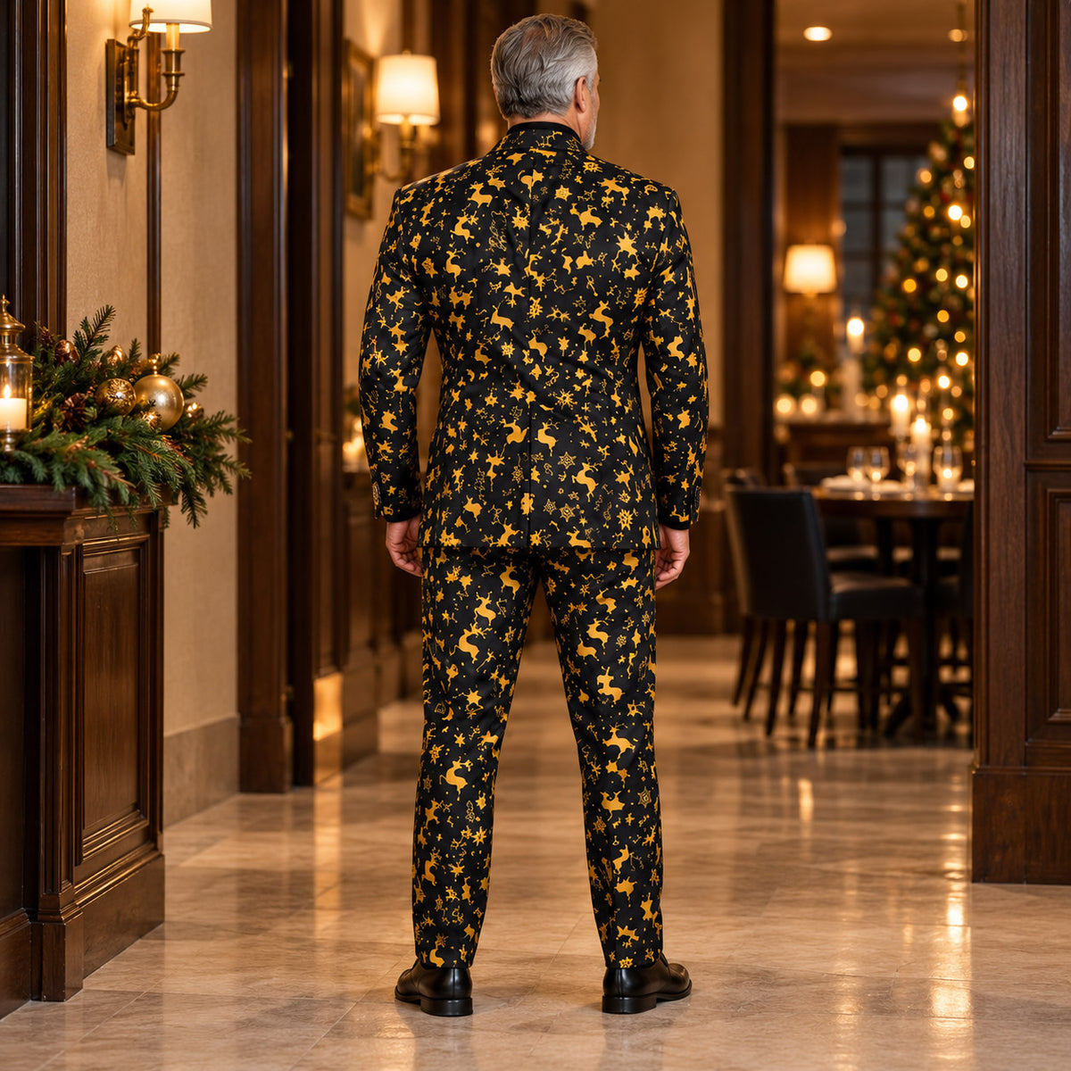 Back view of Wisholic men's gold and black Christmas pattern tailored suit showing modern silhouette and jacket fit in a festive hallway