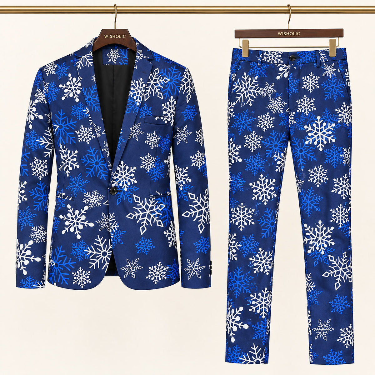 Wisholic 2-piece men's holiday suit set with blue snowflake patterned blazer jacket and matching trousers on wooden hangers