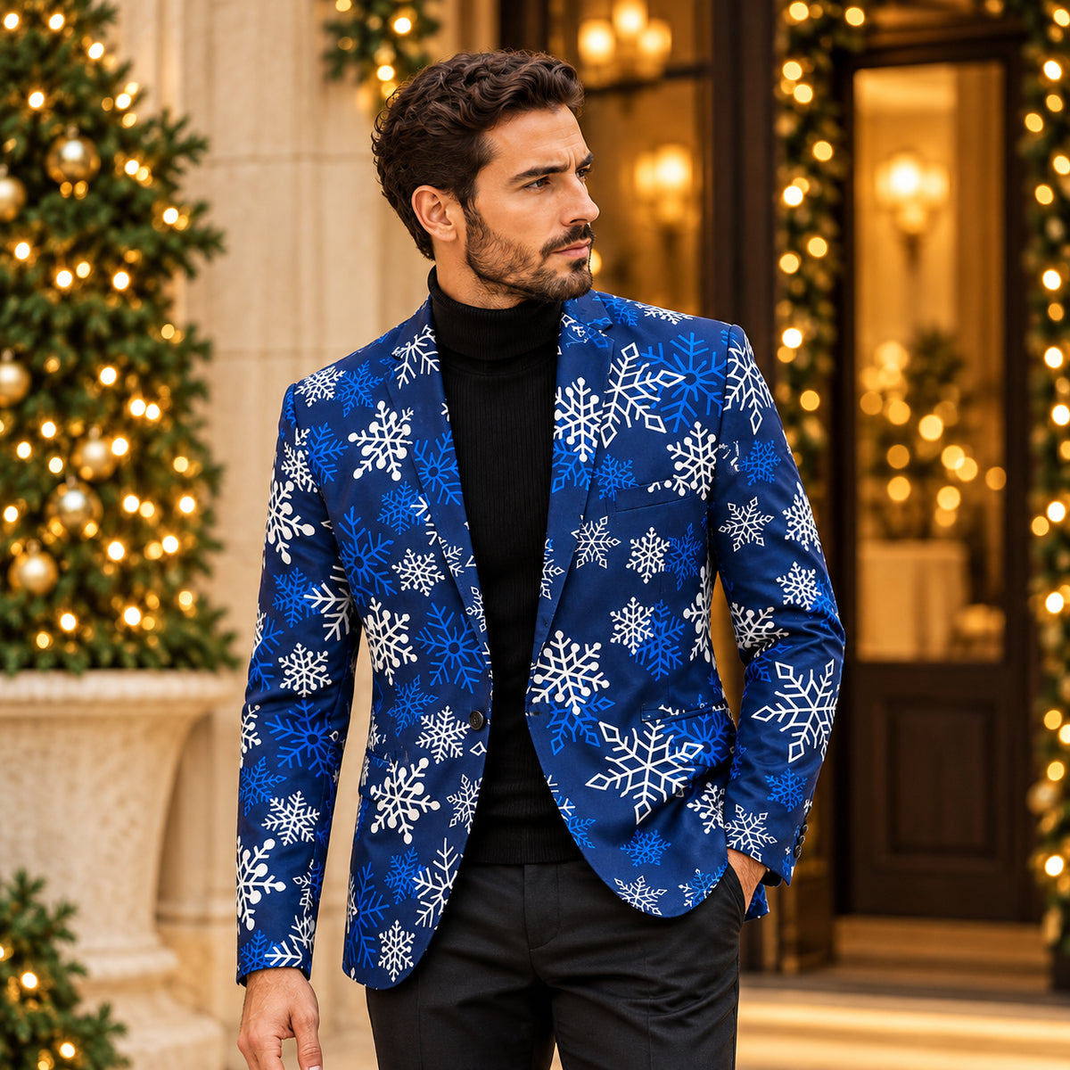 Model wearing Wisholic blue snowflake printed blazer jacket styled with a black turtleneck in front of festive Christmas decor.