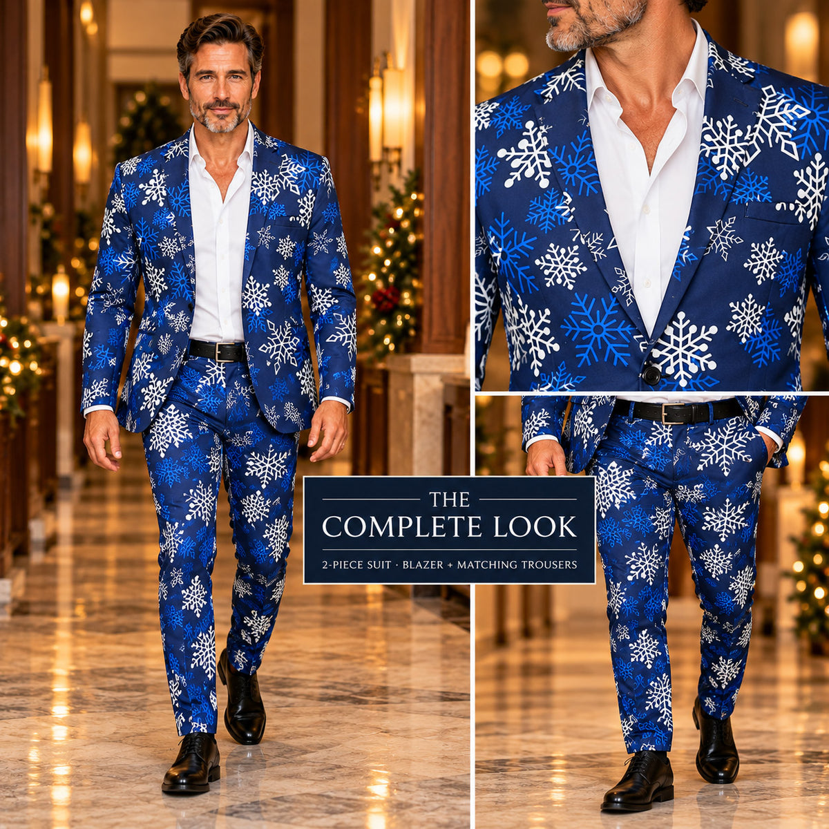 Full body fit and close-up views of Wisholic men's tailored 2-piece blue snowflake Christmas party suit