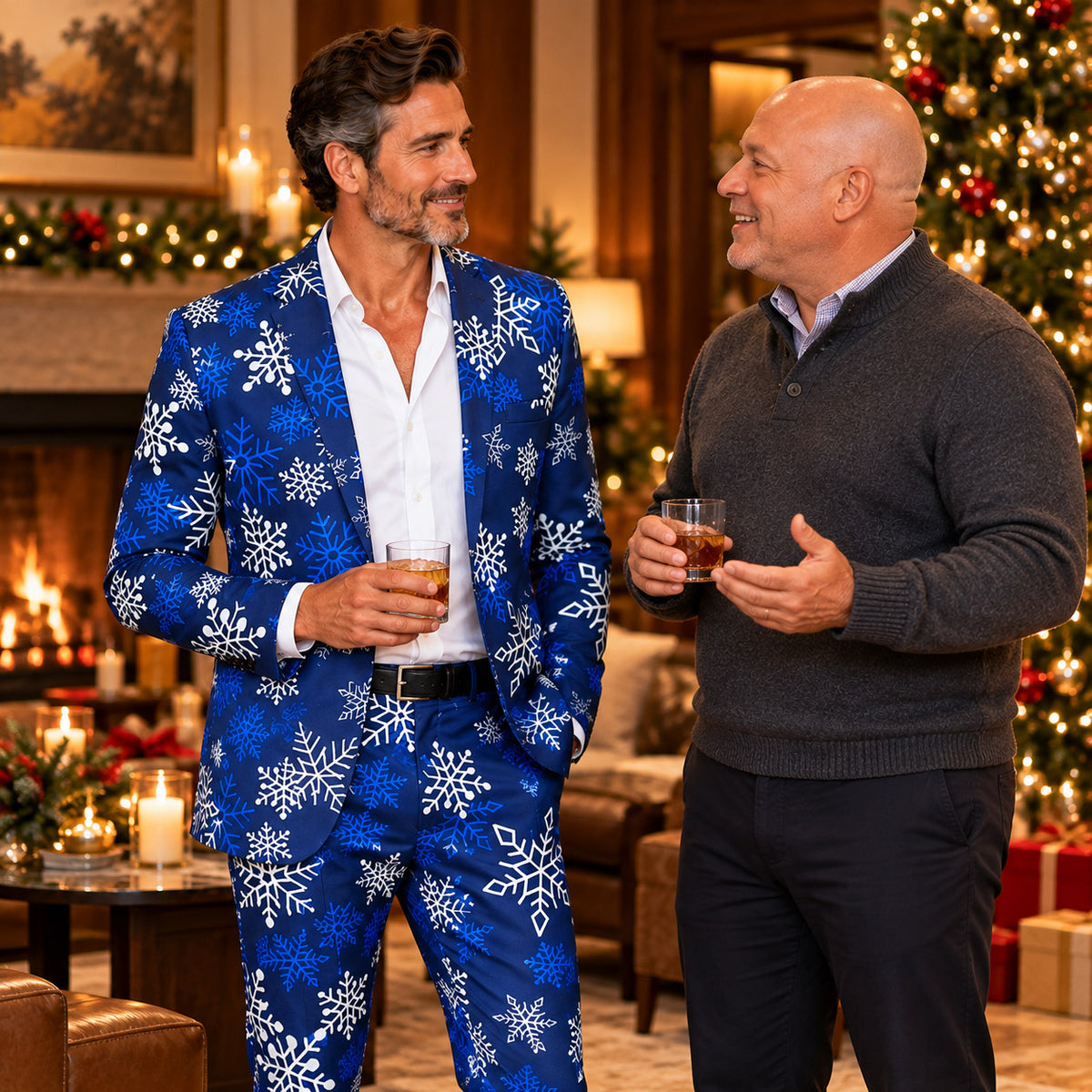 Model wearing Wisholic festive blue snowflake suit enjoying drinks with a friend at a warm Christmas celebration party