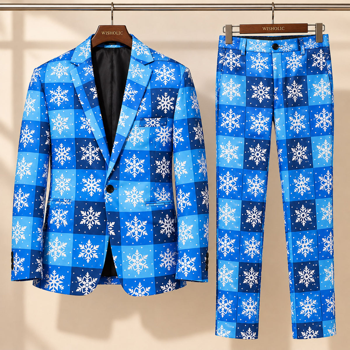 Wisholic 2-piece men's festive holiday suit set featuring blue checked snowflake patterned blazer and trousers on hangers