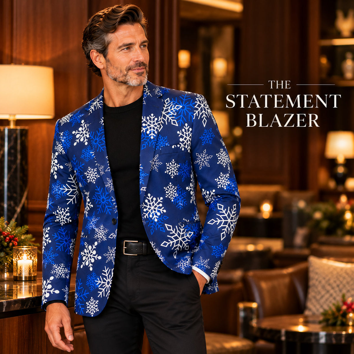 Wisholic men's blue snowflake statement blazer jacket styled with classic black pants and knit sweater for holiday events
