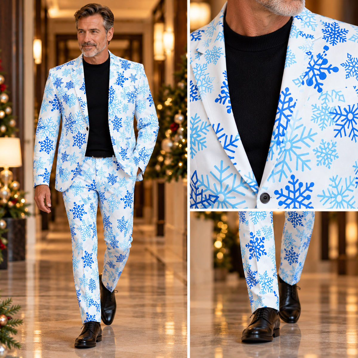 Full-length fit and close-up fabric details of Wisholic men's winter snowflake suit jacket and slim-fit trousers