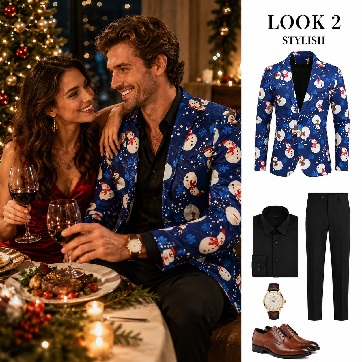 Wisholic blue snowman Christmas blazer paired with black trousers and dress shirt for a sleek holiday look