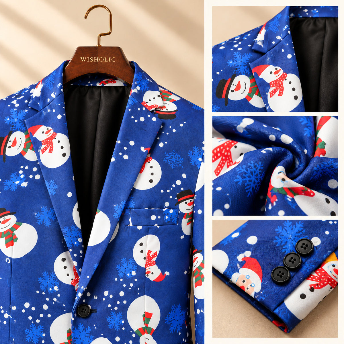 Wisholic men's royal blue snowman Christmas suit detail shot showing lapel, fabric texture, sleeve buttons, and collar