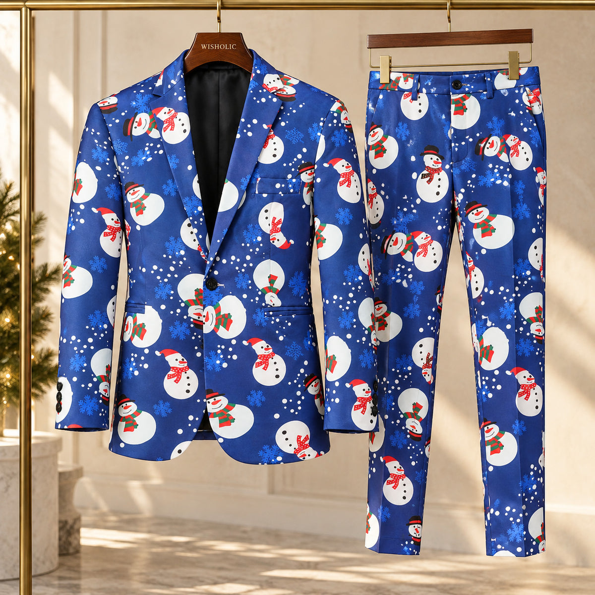 Wisholic royal blue Christmas suit set including printed snowman blazer and matching trousers on hanger