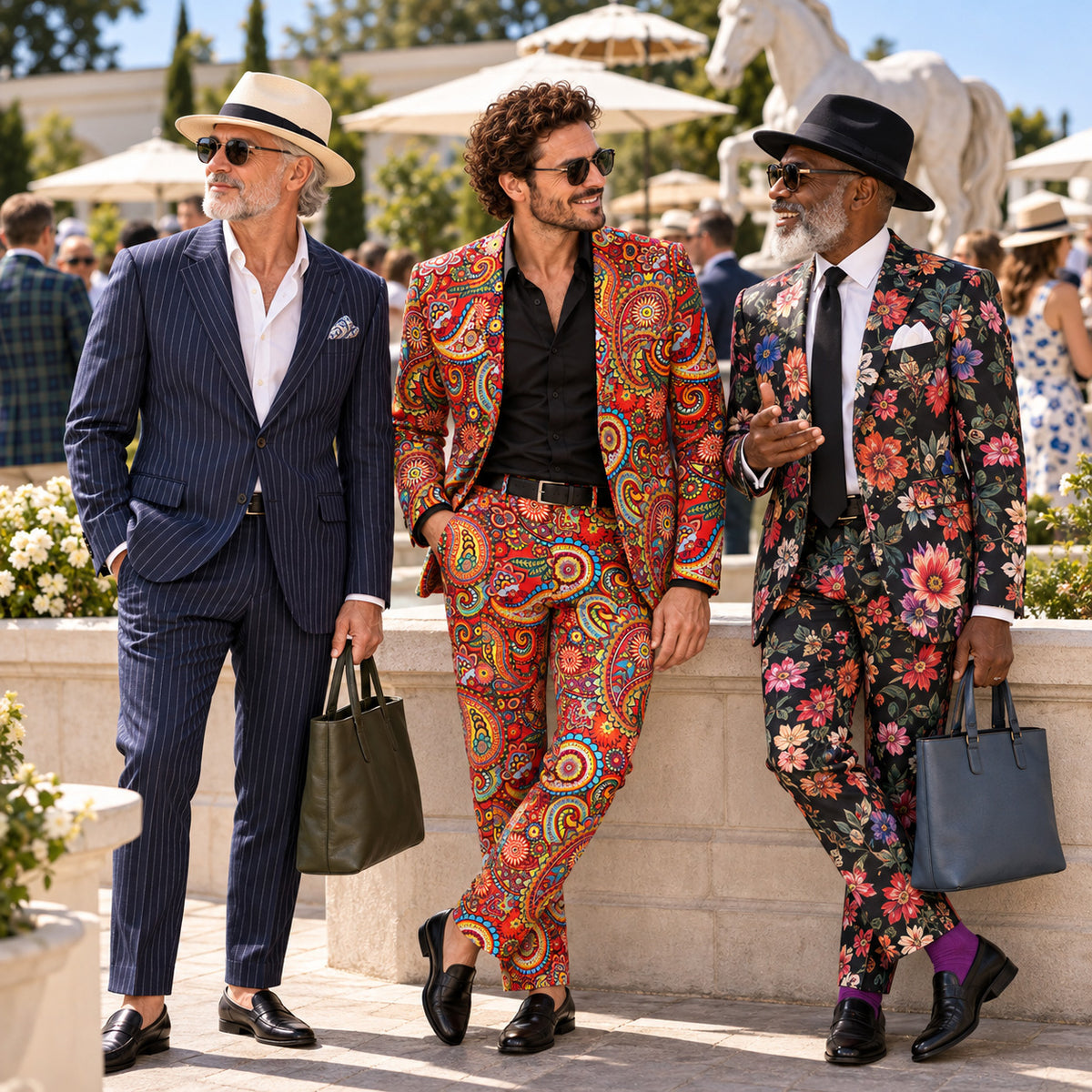 Three men wearing Wisholic stylish statement suits including colorful paisley, floral, and pinstripe patterns at a sunlit garden gala