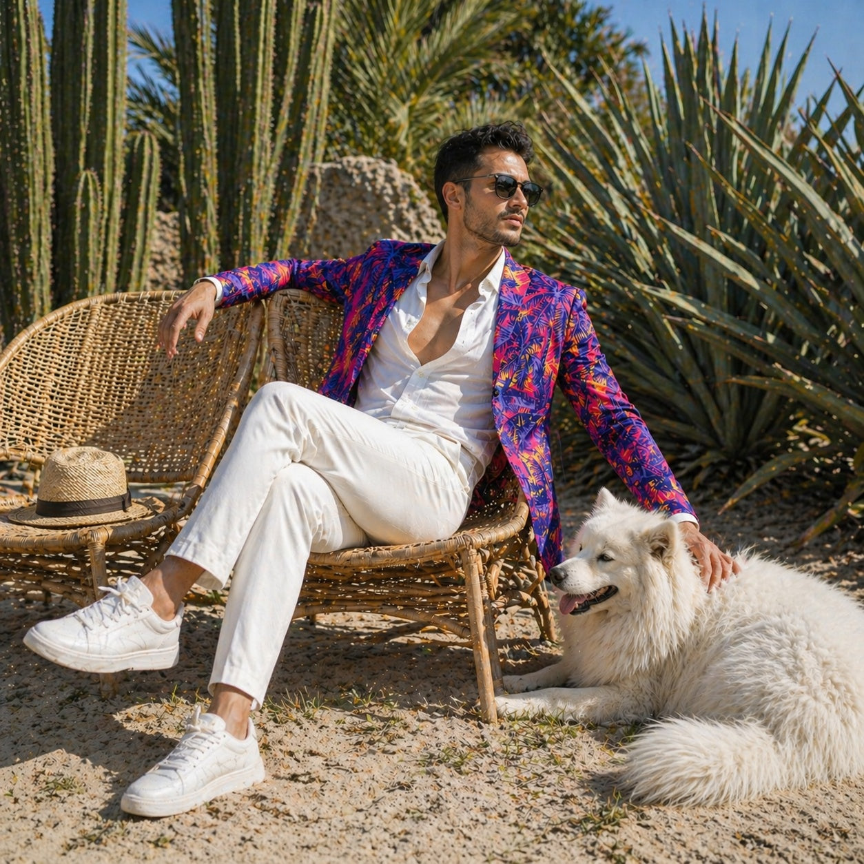 Casual summer style: WISHOLIC palm print blazer paired with white dress pants and white sneakers, perfect for a garden or beach party.