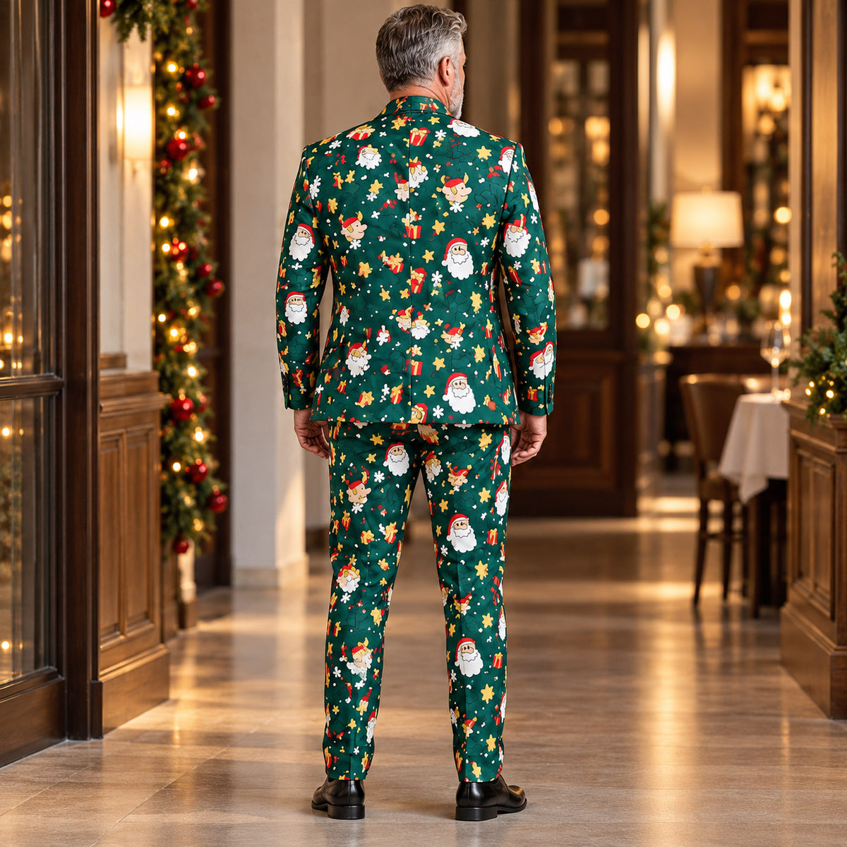 Back view of Wisholic tailored fit men's Christmas novelty suit with allover Santa and holiday gift pattern