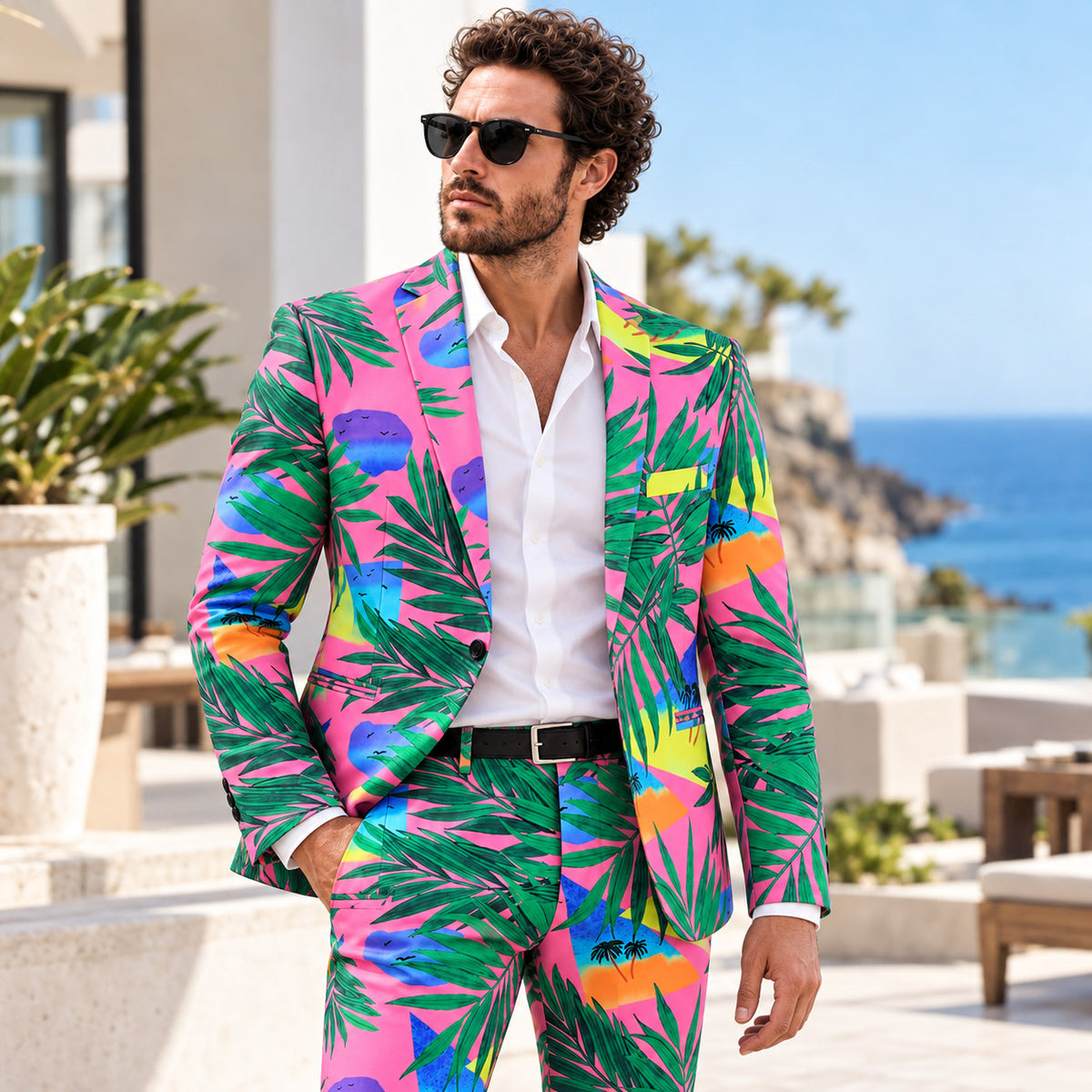 Wisholic men's pink and green tropical palm tree print two-piece resort suit styled with a white shirt[cite: 27]
