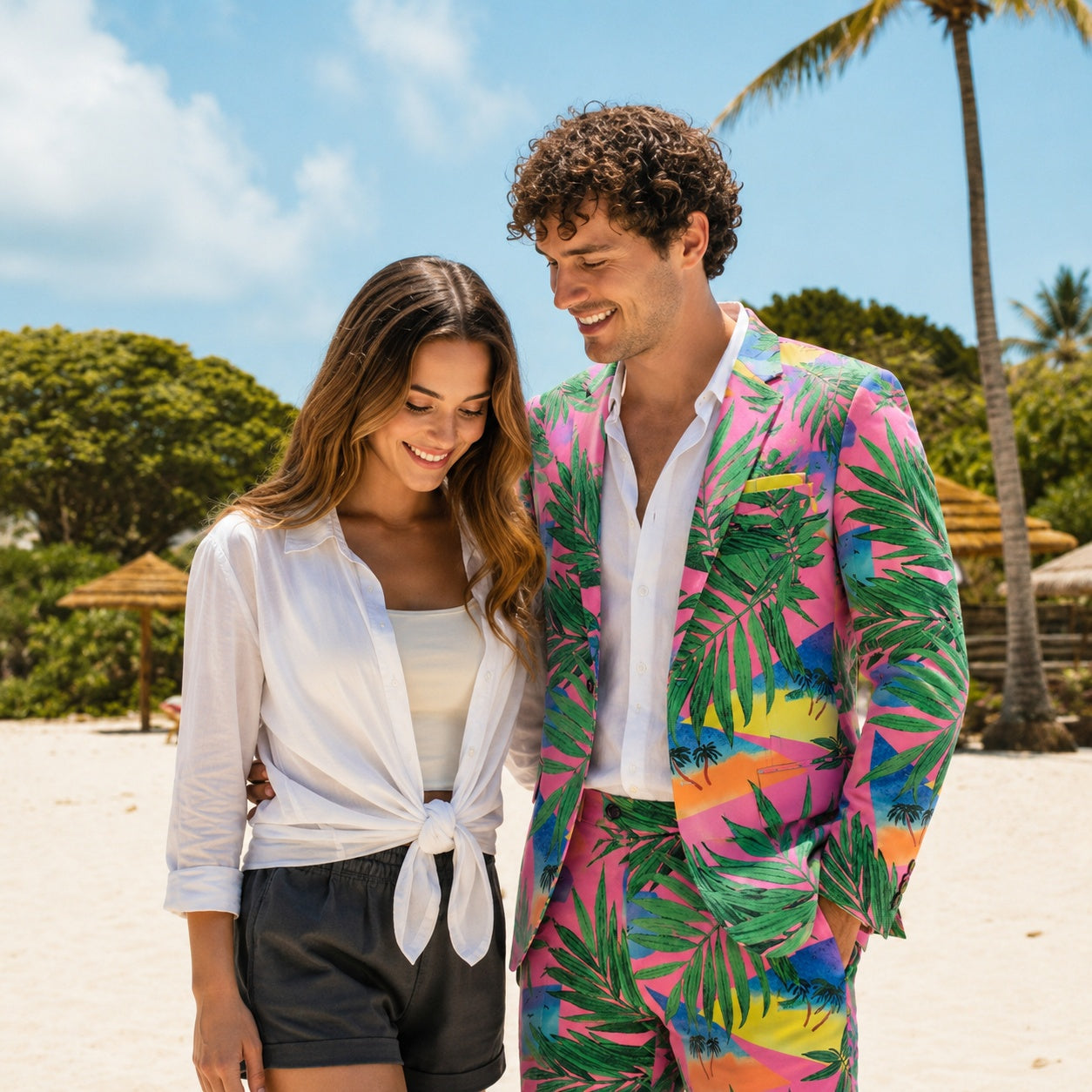 A smiling couple on a tropical beach; the man is wearing a Wisholic pink and neon green palm leaf printed blazer with matching trousers, looking down affectionately at a woman in a casual white tied shirt and gray shorts.