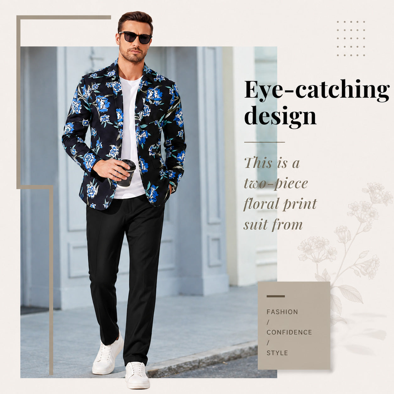 Street style fashion look featuring Wisholic men's floral suit jacket, white t-shirt, black pants, and white sneakers.