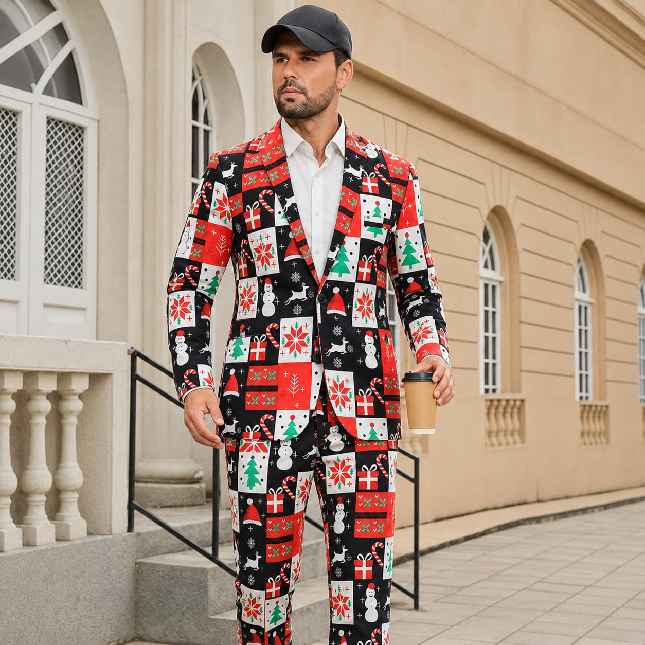 WISHOLIC men's Christmas printed suit jacket and matching pants styled with a plain white t-shirt