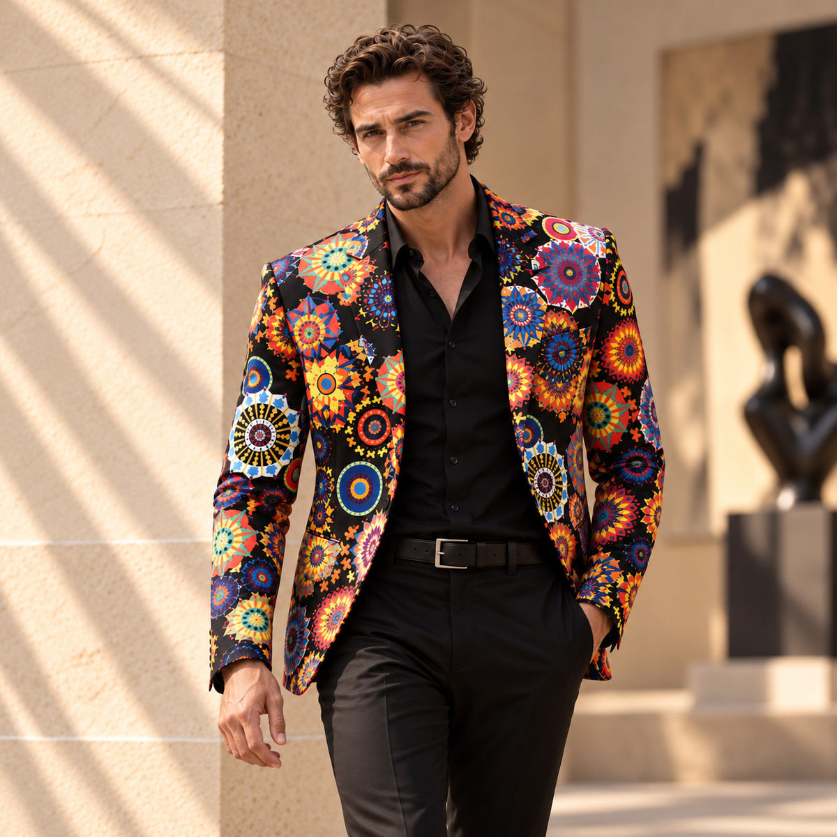 Wisholic men's bright patterned blazer styled with black dress pants
