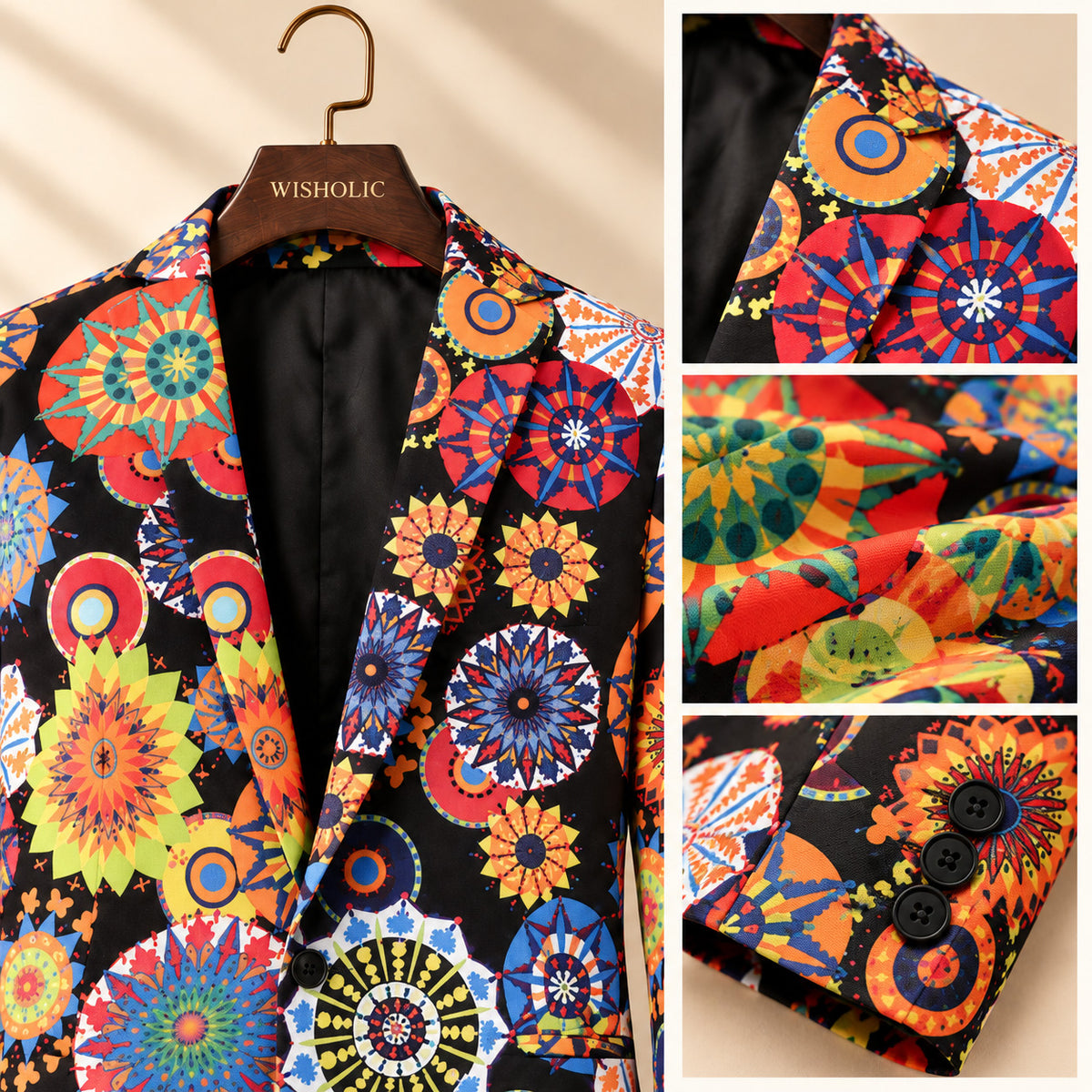 Detail collage of Wisholic men's vibrant mandala pattern blazer showing the lapel, premium fabric texture, and sleeve cuff buttons