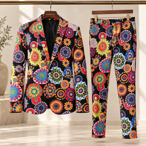 Wisholic men's vibrant mandala geometric pattern suit jacket and matching trousers displayed on wooden hangers in a boutique setting