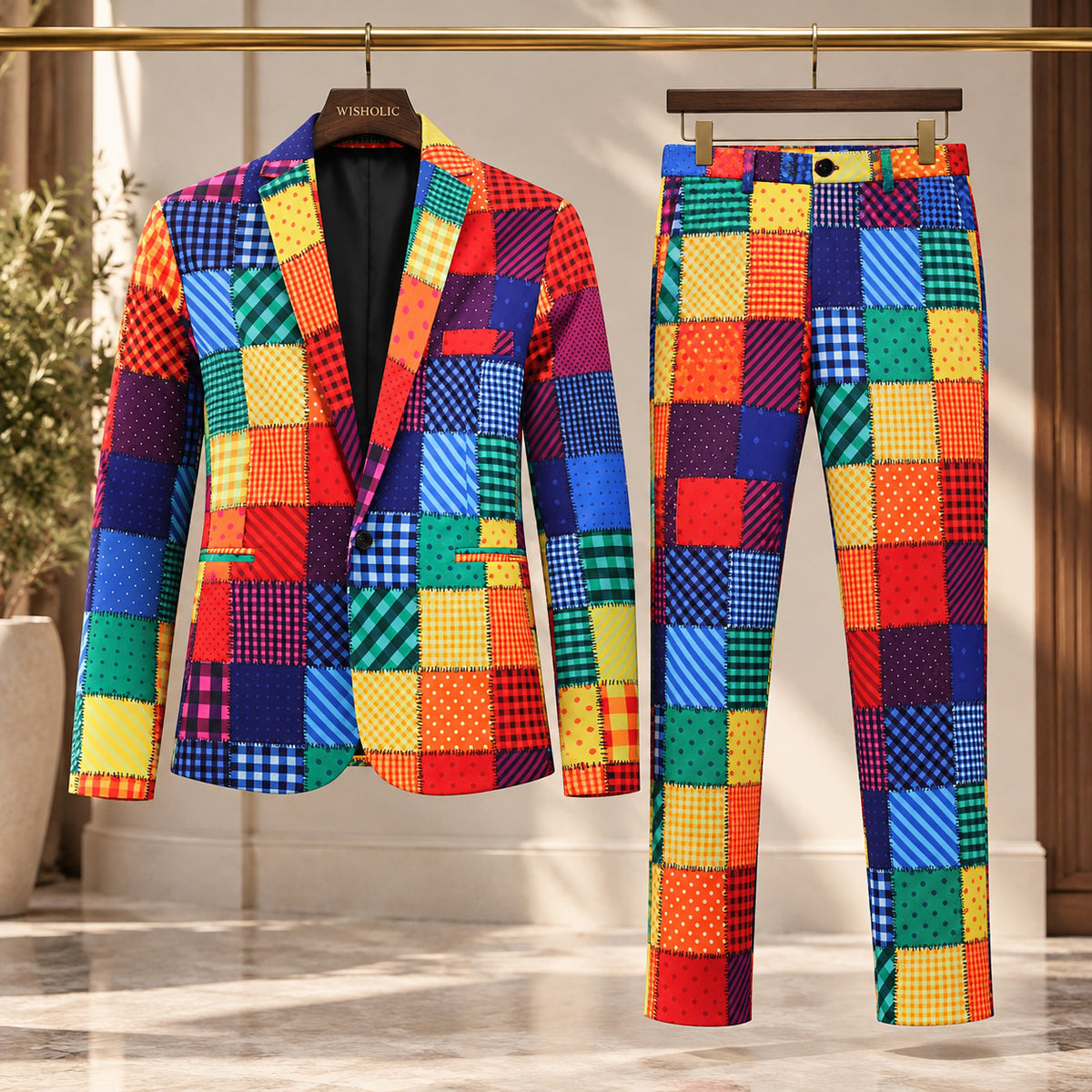 Wisholic men's colorful patchwork suit jacket and matching trousers set displayed on hangers in a luxury boutique setting