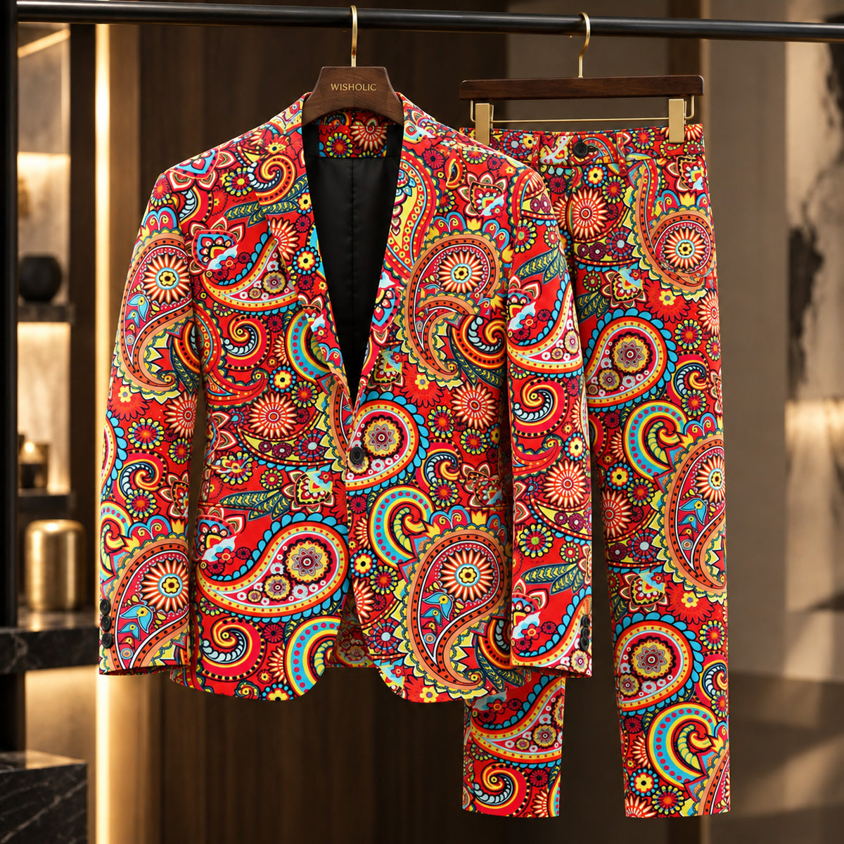 Wisholic colorful red paisley printed suit jacket and matching trousers on hanger