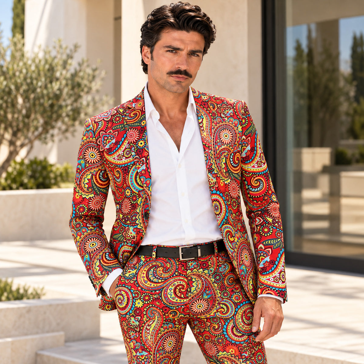 Wisholic men's vibrant multicolor paisley print statement suit styled with white dress shirt in outdoor sunlight
