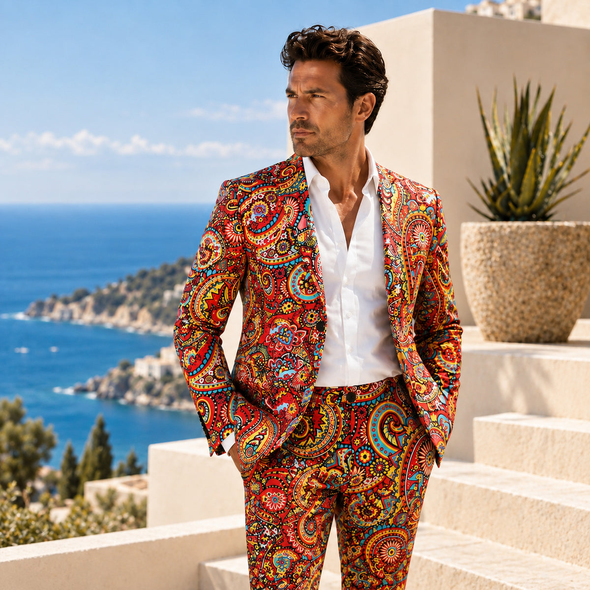 Wisholic men's vibrant red paisley printed 2-piece suit for resort and summer celebrations.