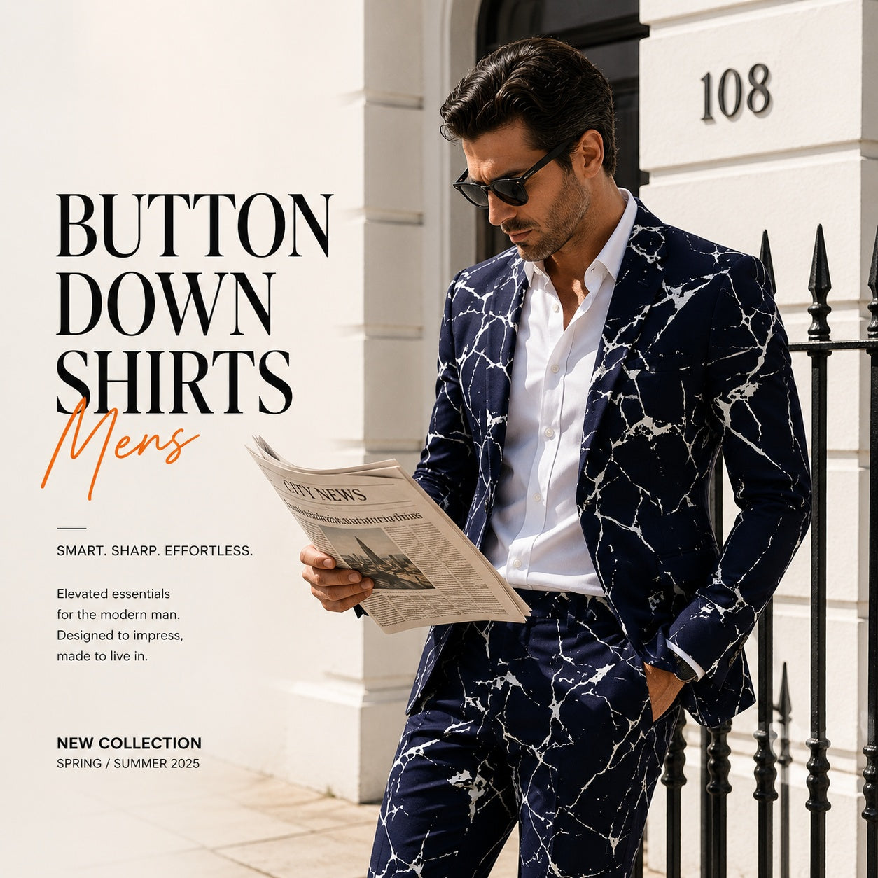 A handsome man wearing a Wisholic premium white button-down shirt underneath a navy marble printed suit jacket, holding a newspaper near a white townhouse entry.