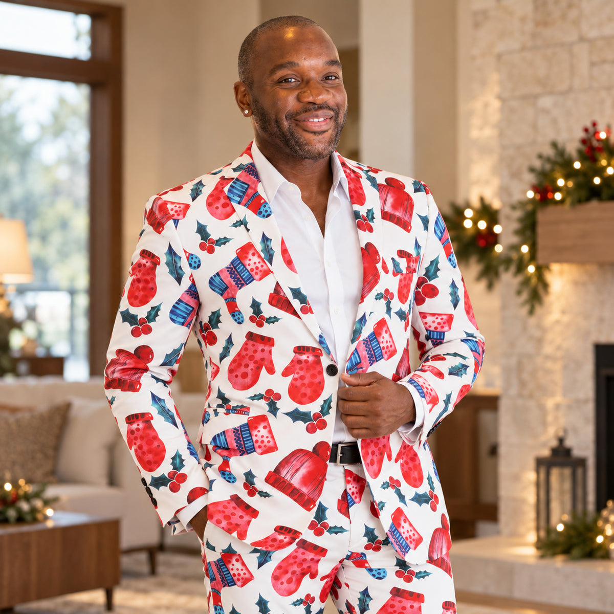 WISHOLIC men's white Christmas suit with red mittens, winter hats, blue stockings and holly print, worn with a white dress shirt for holiday parties.
