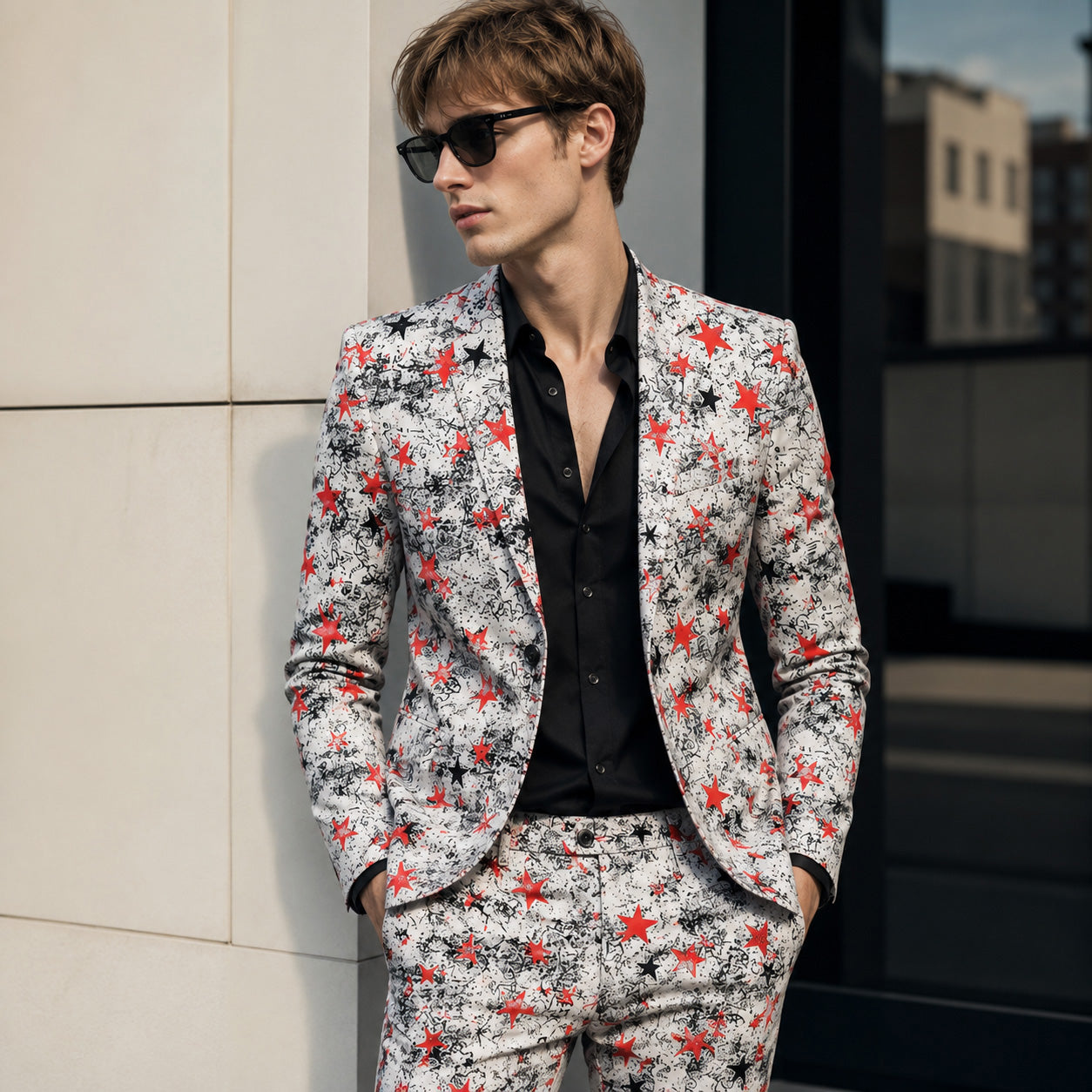 Men's modern white suit with bold red star print and black graffiti splatter details, paired with a black button-down shirt. Clean, artistic men's fashion statement piece.