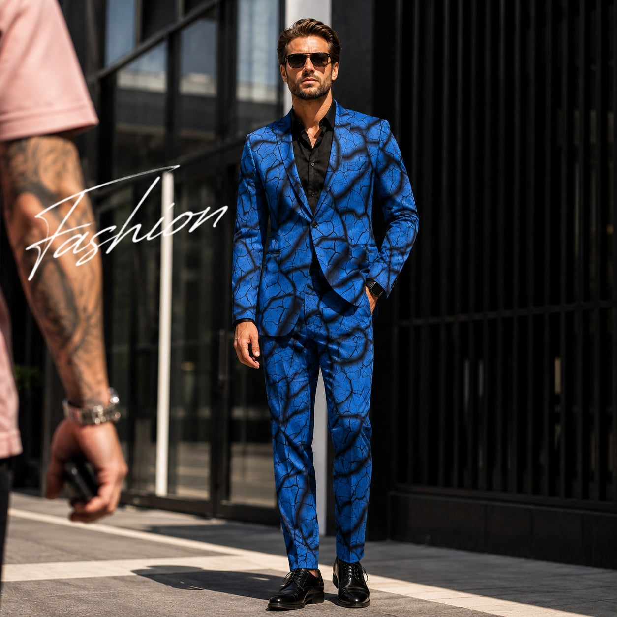 Full body view of the WISHOLIC Slim Fit Blue Crackle Print Suit, styled with a black shirt and dress shoes for a modern urban look.