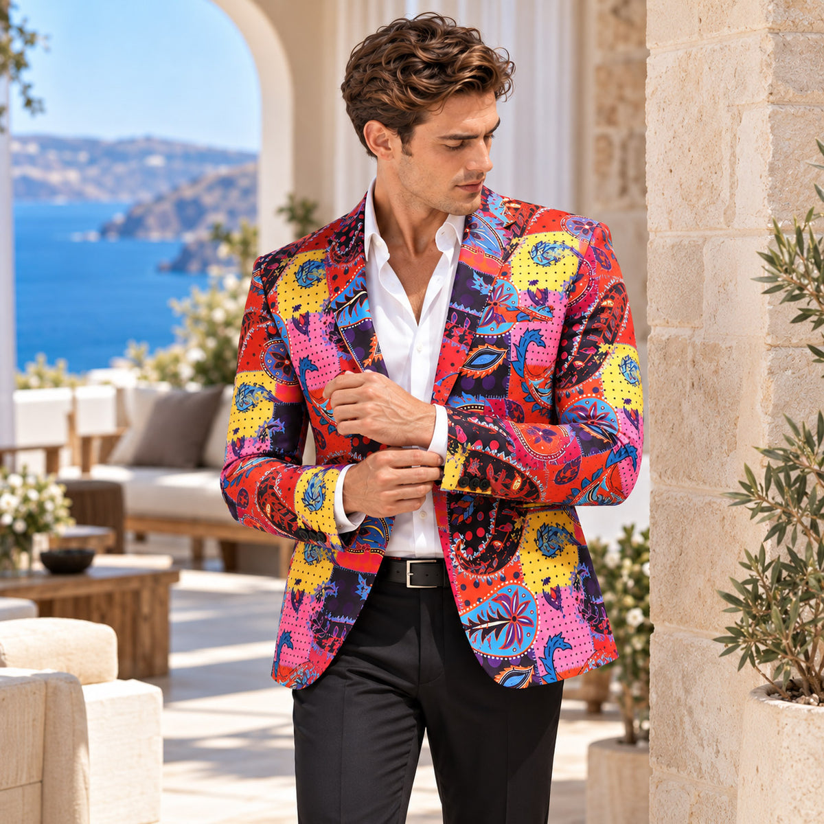WISHOLIC multicolor paisley statement blazer styled with a white shirt and black trousers for a refined Mediterranean resort look.