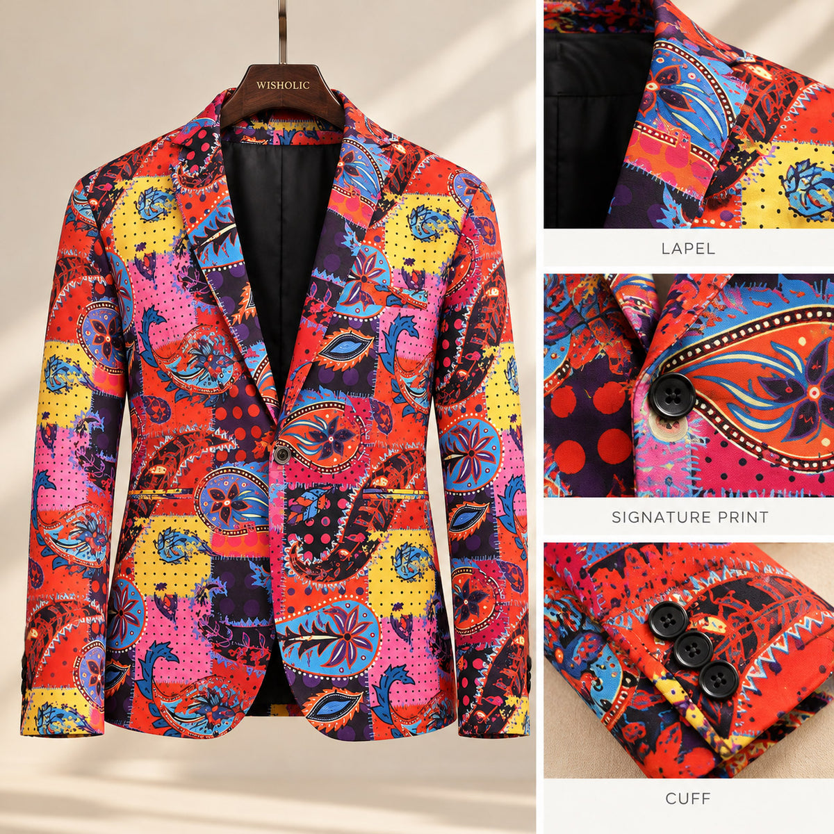 WISHOLIC multicolor paisley blazer detail collage showing the printed lapel, vibrant floral and paisley patterns, single front button and three-button cuff.