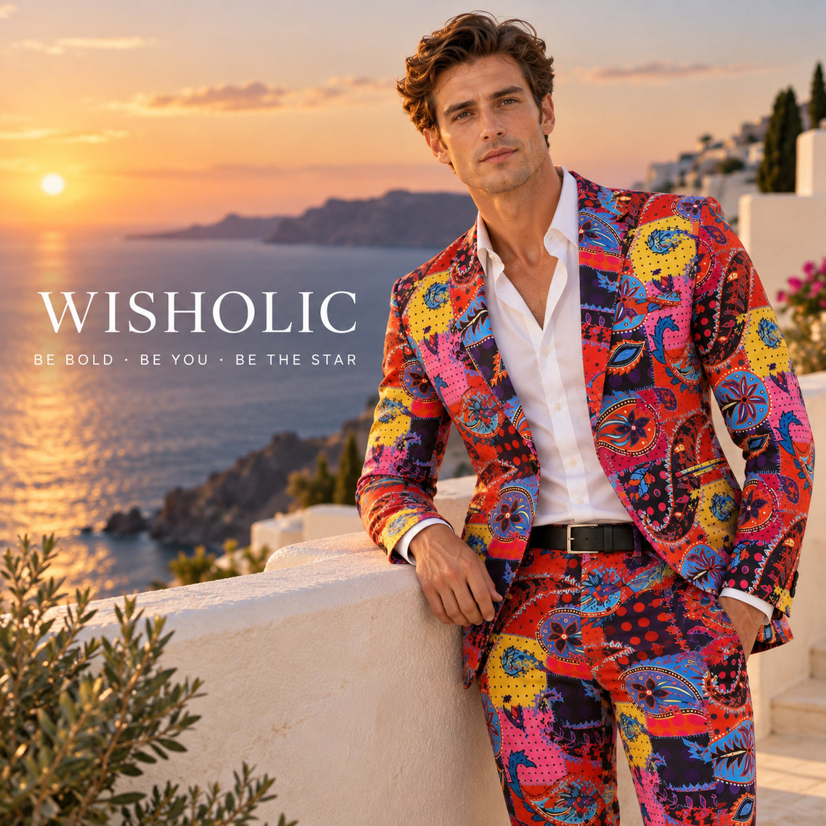 WISHOLIC multicolor paisley men's suit featured in a sunset coastal editorial with the WISHOLIC logo and Be Bold Be You Be the Star slogan.