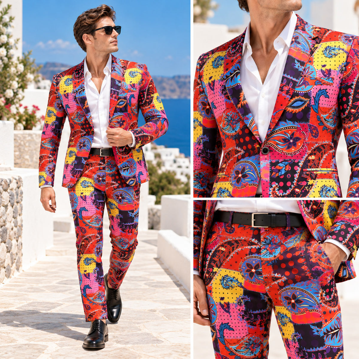 WISHOLIC multicolor paisley men's suit shown in a full-length walking look alongside close-up views of the colorful printed blazer and trousers.