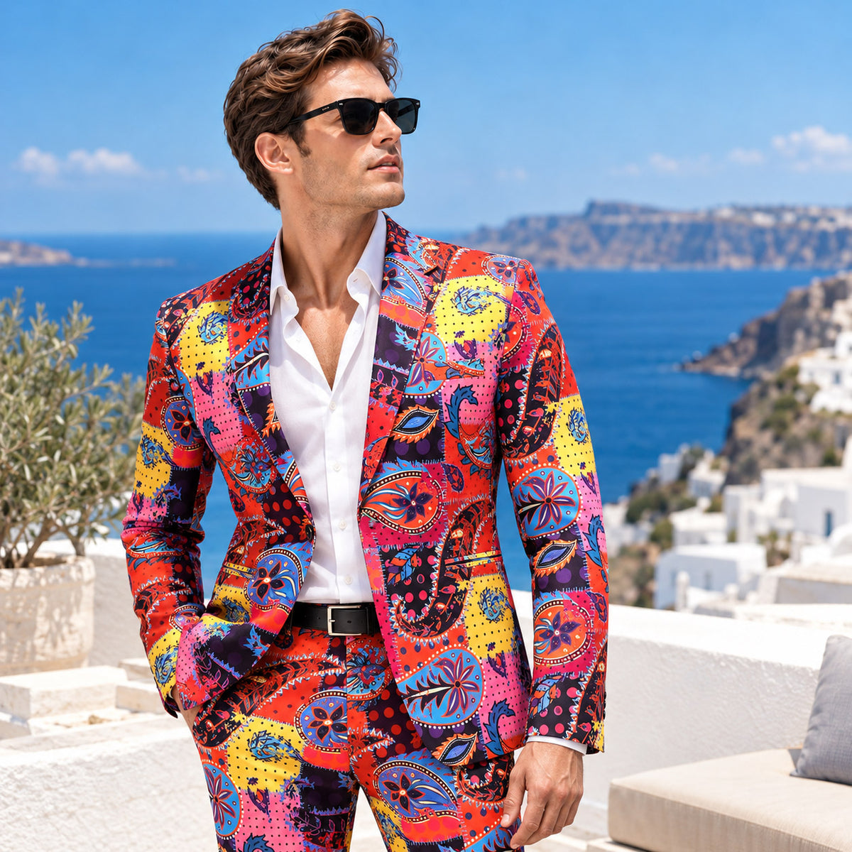WISHOLIC multicolor paisley men's suit featuring vibrant red, pink, yellow and blue prints, styled with a white shirt on a Mediterranean seaside terrace.