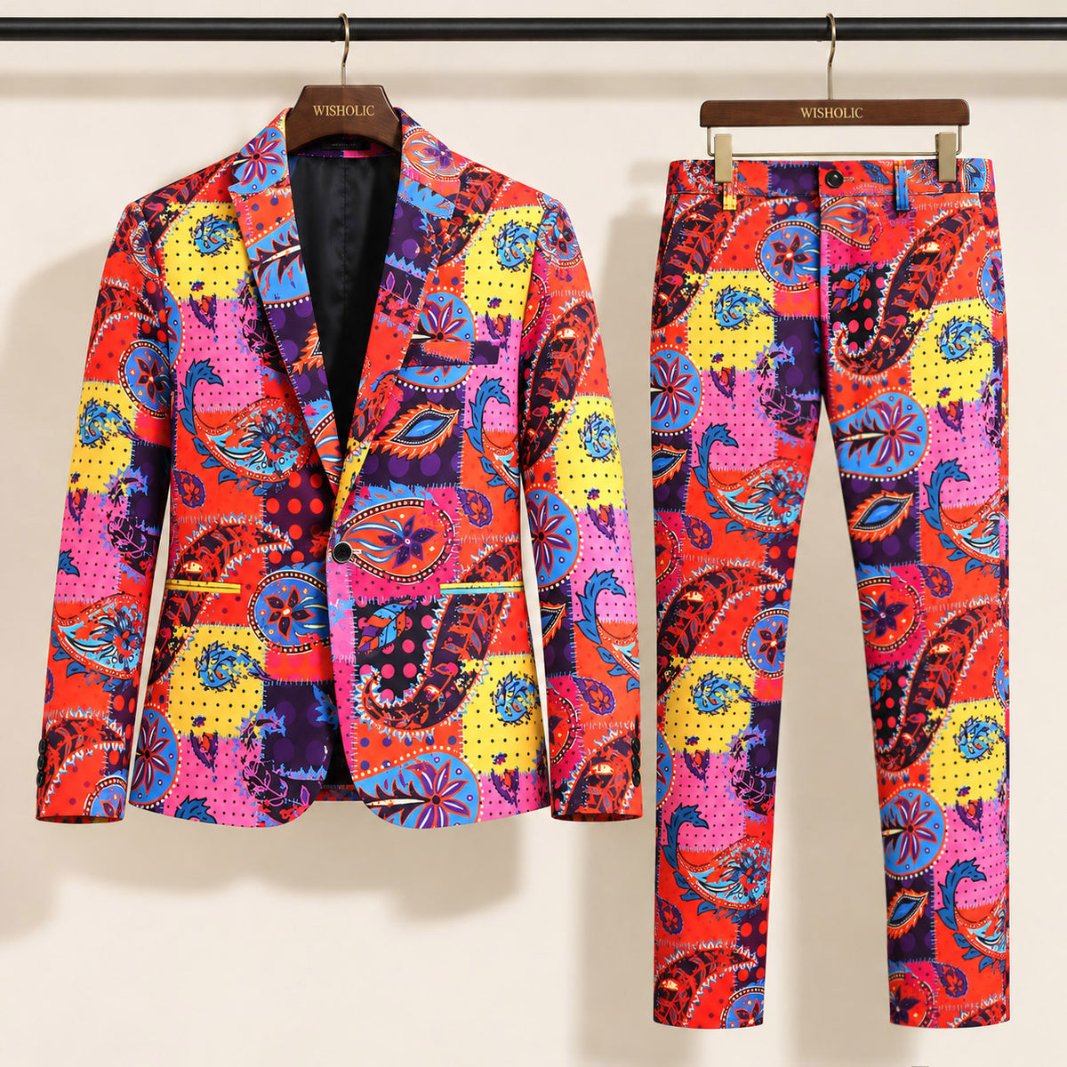 WISHOLIC multicolor paisley two-piece men's suit displayed on wooden hangers, featuring a single-button printed blazer and matching patterned trousers.