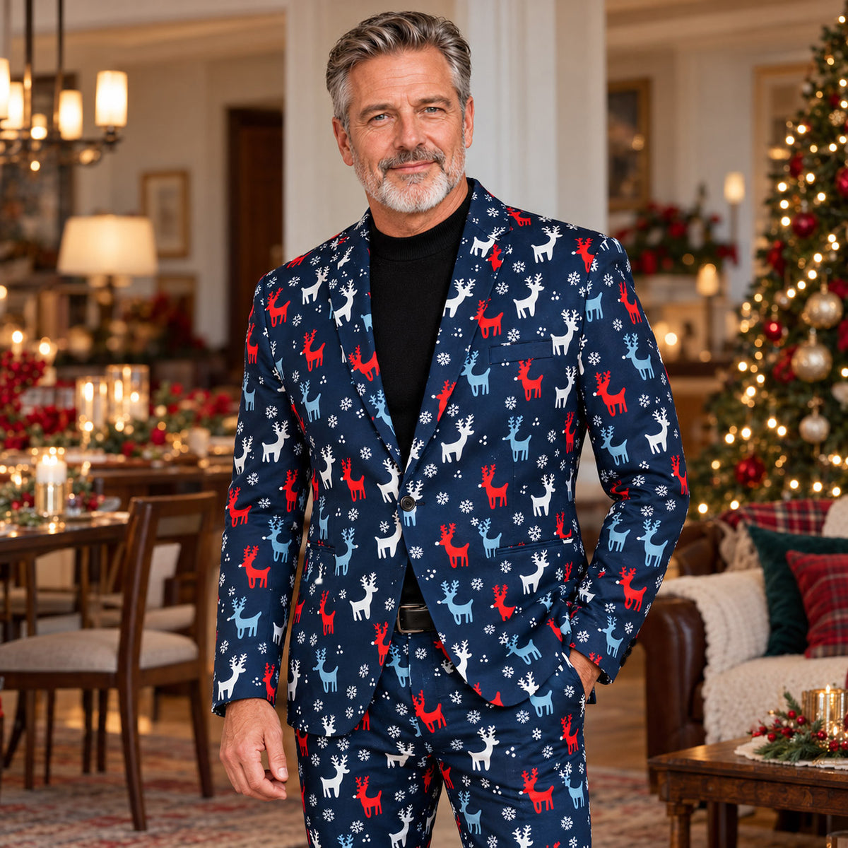Wisholic men's navy blue Christmas holiday suit jacket featuring festive red, white, and light blue reindeer snowflake pattern