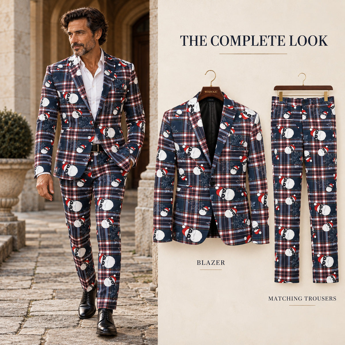 WISHOLIC men's navy plaid Christmas suit complete look with matching Santa print blazer and trousers.