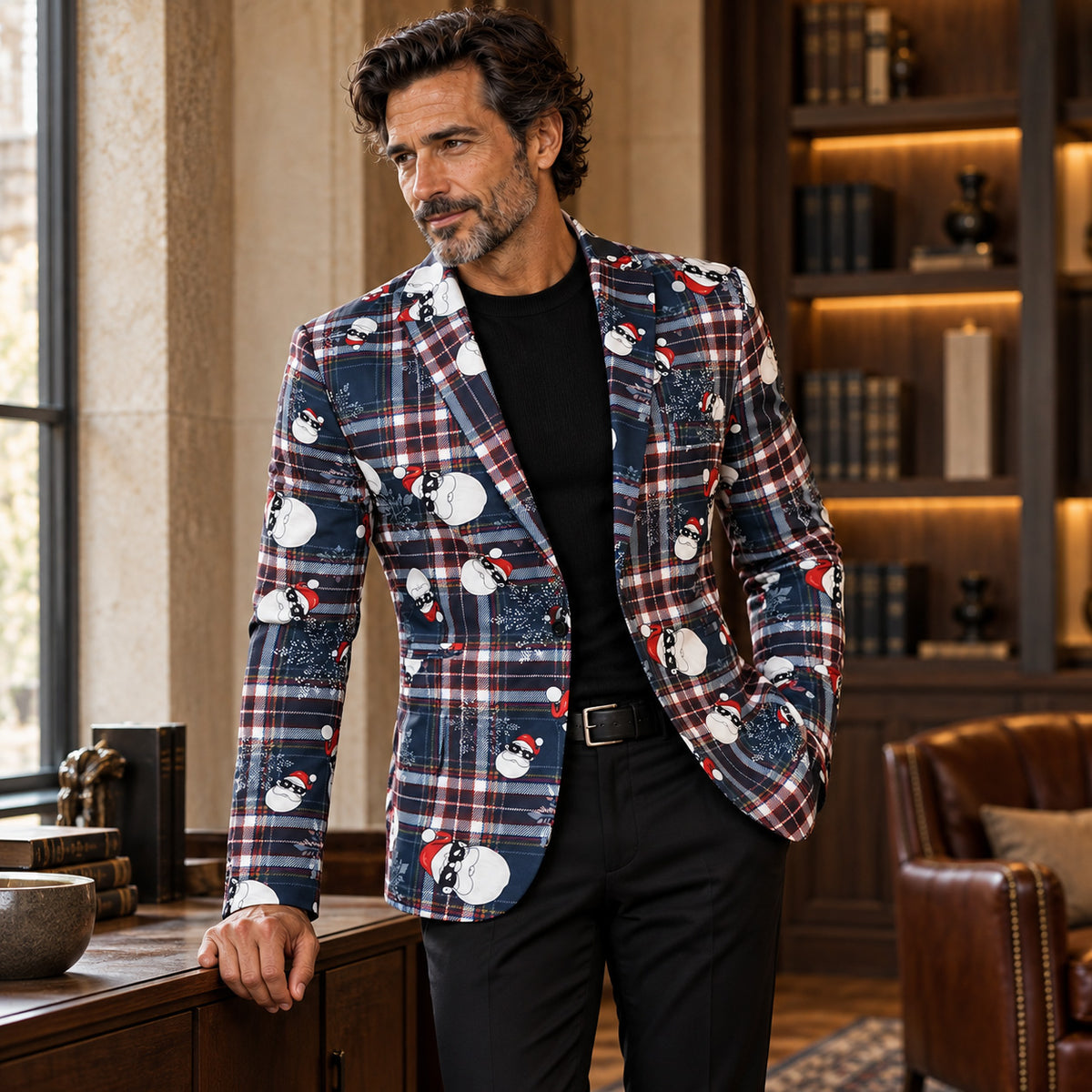 WISHOLIC men's navy plaid Santa Christmas blazer styled with a black sweater and black trousers.