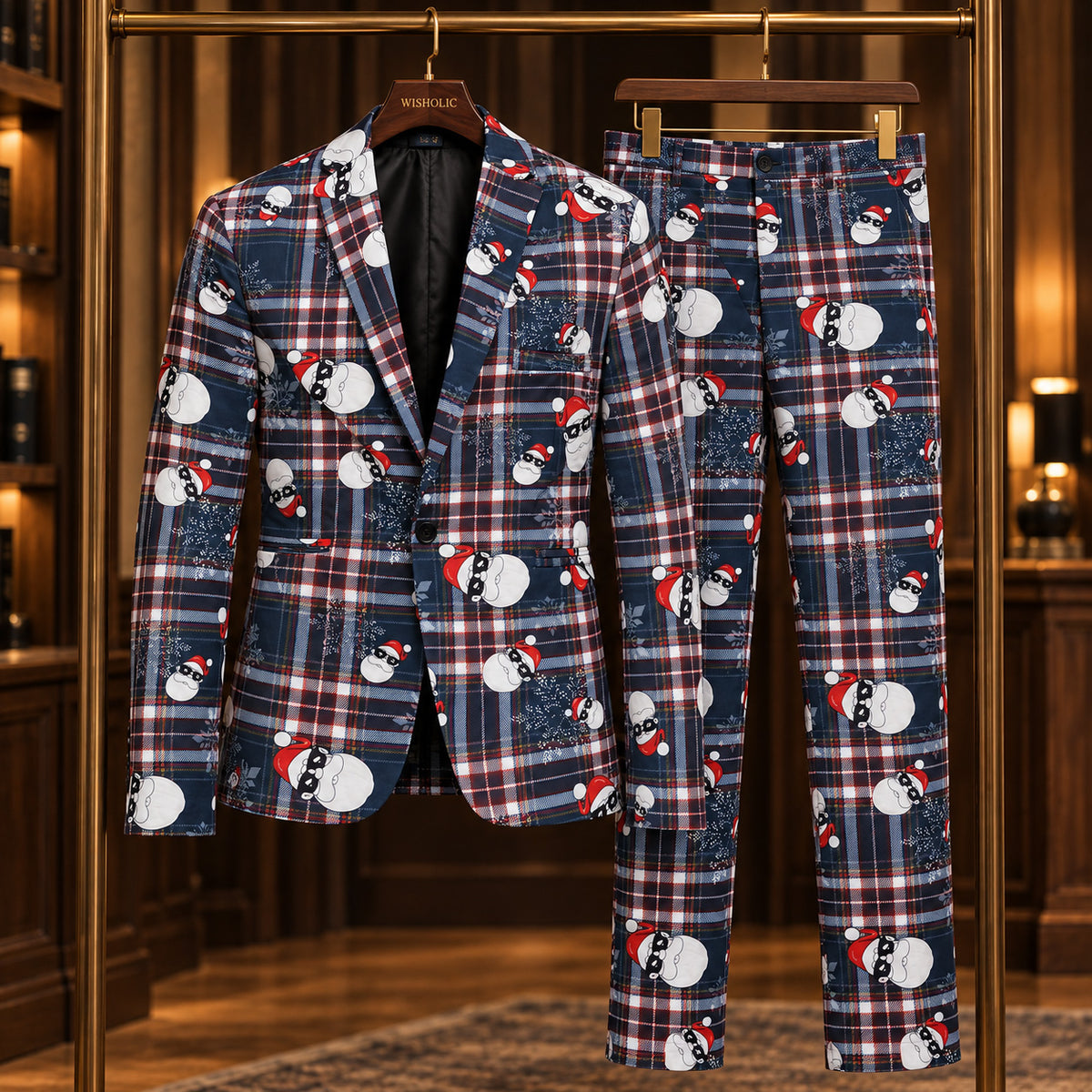 WISHOLIC navy plaid Santa print Christmas two-piece suit featuring a matching blazer and trousers.