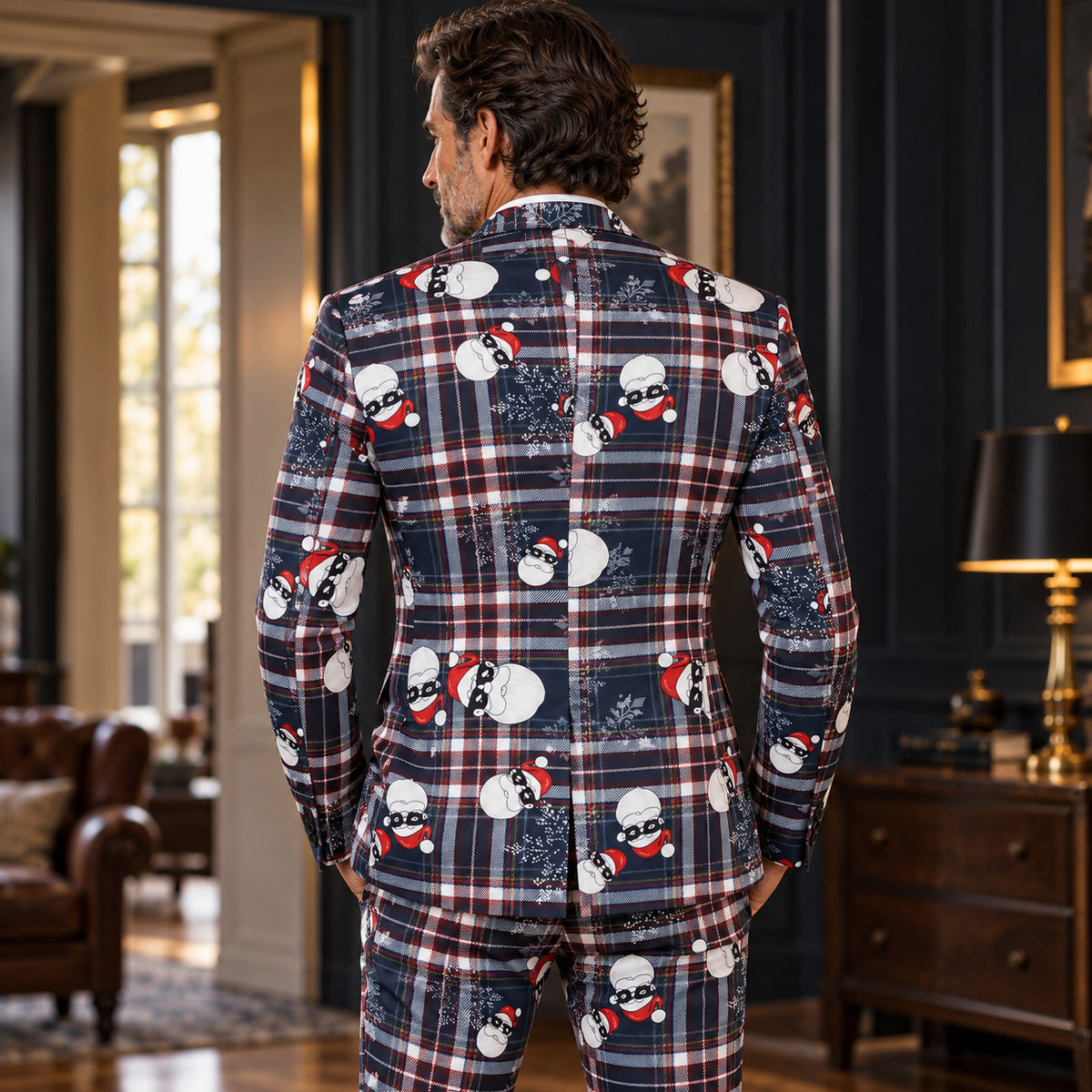 Back view of WISHOLIC men's navy plaid Santa Christmas suit showing the festive print and tailored blazer.