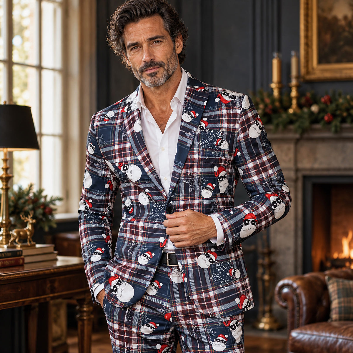 WISHOLIC men's navy plaid Christmas suit with Santa print, styled with a white shirt for a festive holiday look.