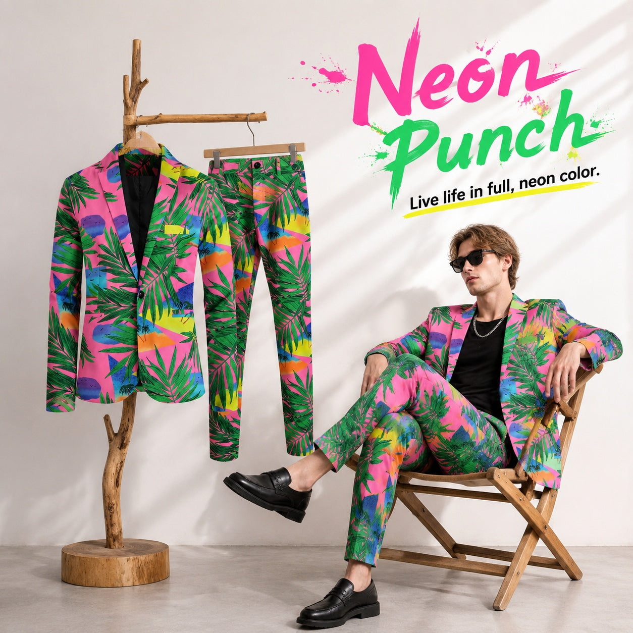 An editorial catalog layout featuring the Wisholic Neon Punch printed mens suit. A model wearing the full pink and green neon suit sits in a wooden lounge chair, next to an identical suit neatly displayed on a rustic wooden clothing stand against a clean wall with soft shadows.