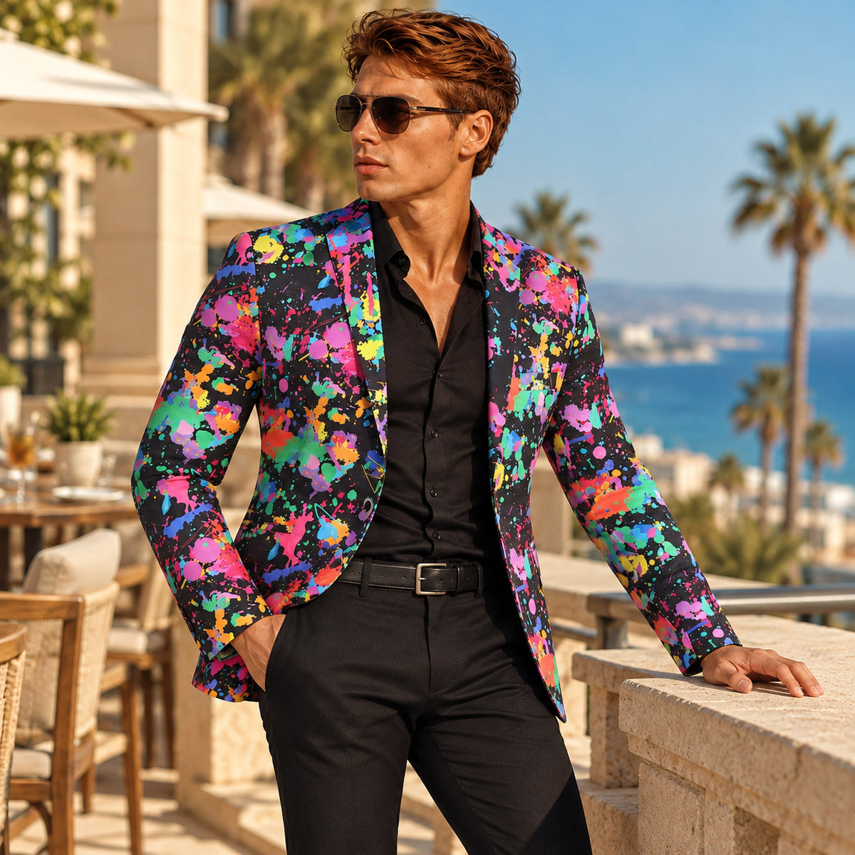 Wisholic statement paint splatter blazer jacket paired with solid black tailored trousers for men