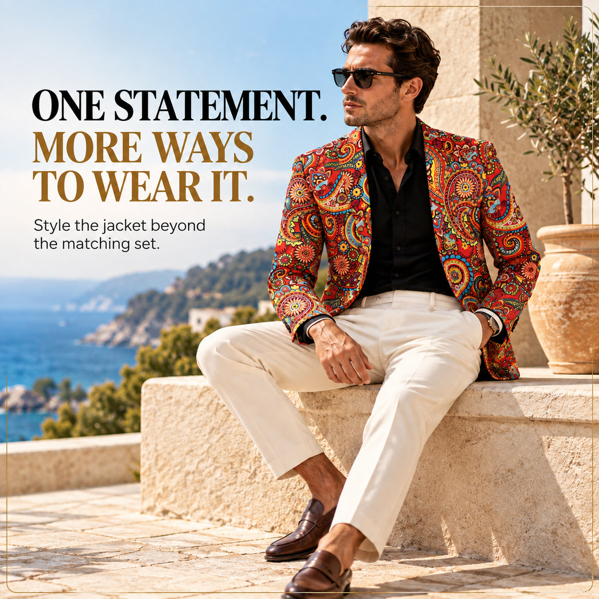 Wisholic red paisley blazer styled with a black shirt and cream white trousers for alternative look.